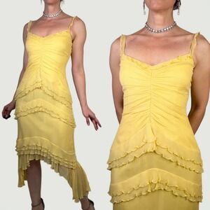 Shelli Segal Silk Ruched Tiered Ruffle Asymmetrical Dress Midi Gown Yellow 6 S